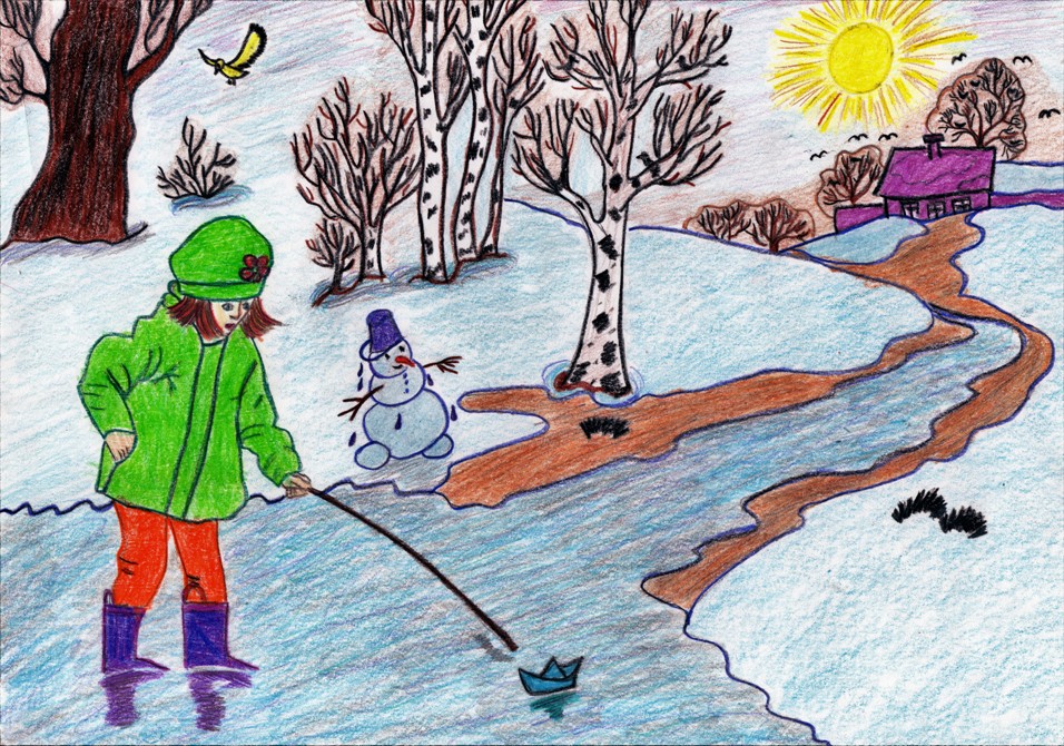 Картинка встреча зимы. Рисунок на весеннюю тему. Детские весенние рисунки.